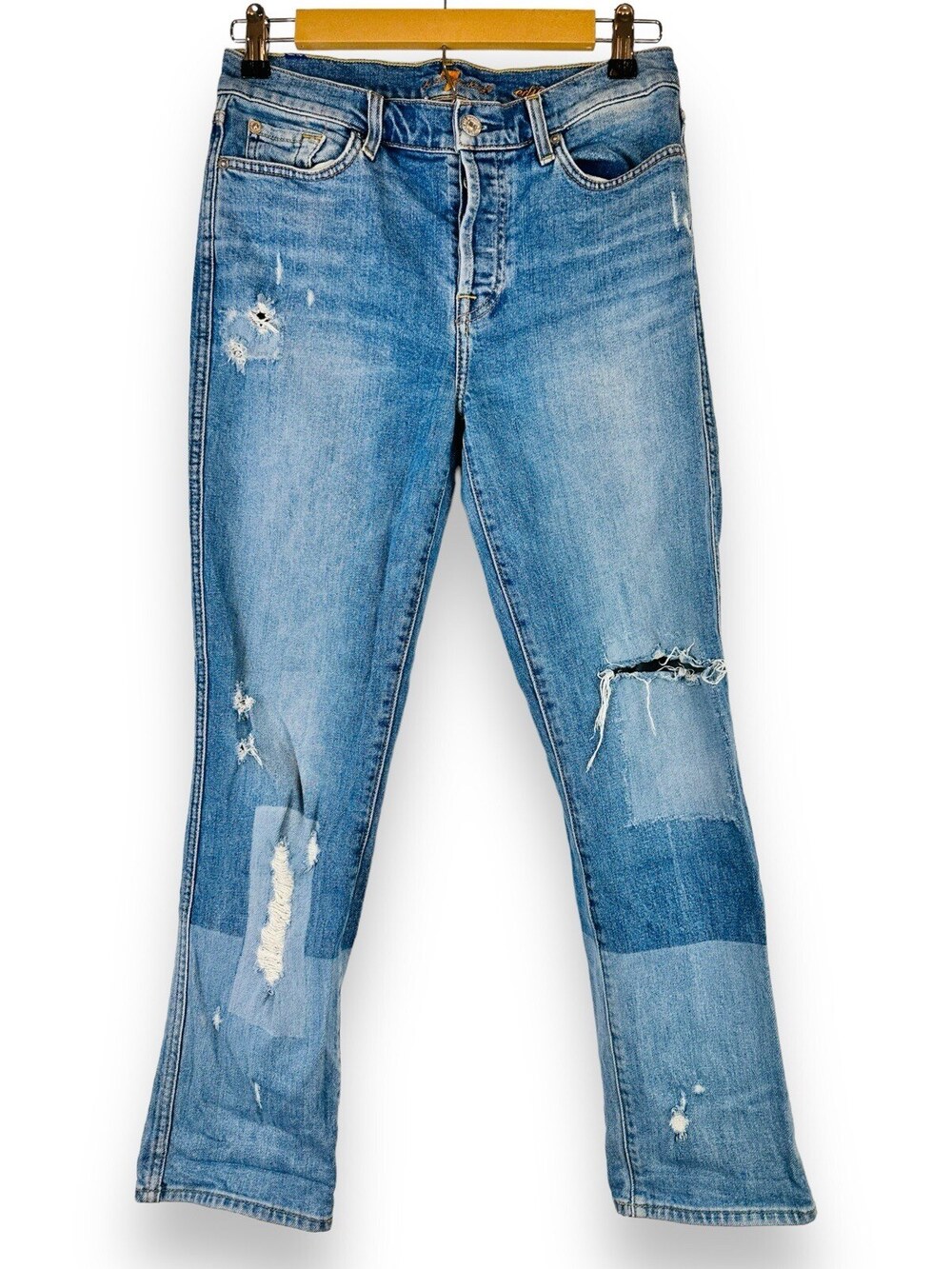 7 For All Mankind Edie Jeans Women's 27 Medium Light Wash Blue Denim Distressed